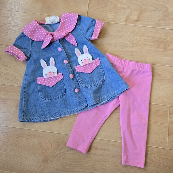 RARE vintage 1990s Storybrook Heirlooms Easter bunny denim pink 2-piece outfit - Picture 8 of 9